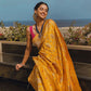 Meenakshi Chaudhary in Pushpanjali Yellow Banarasi Handwoven Silk Saree