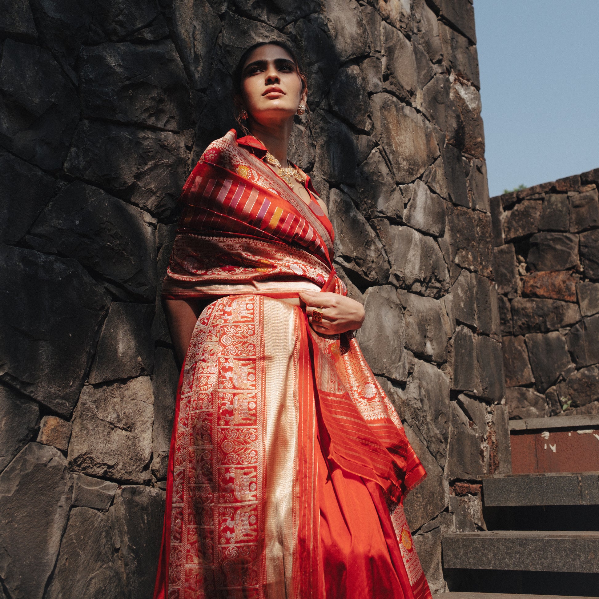 Ashwalekha Handwoven Banarasi Red Silk Saree