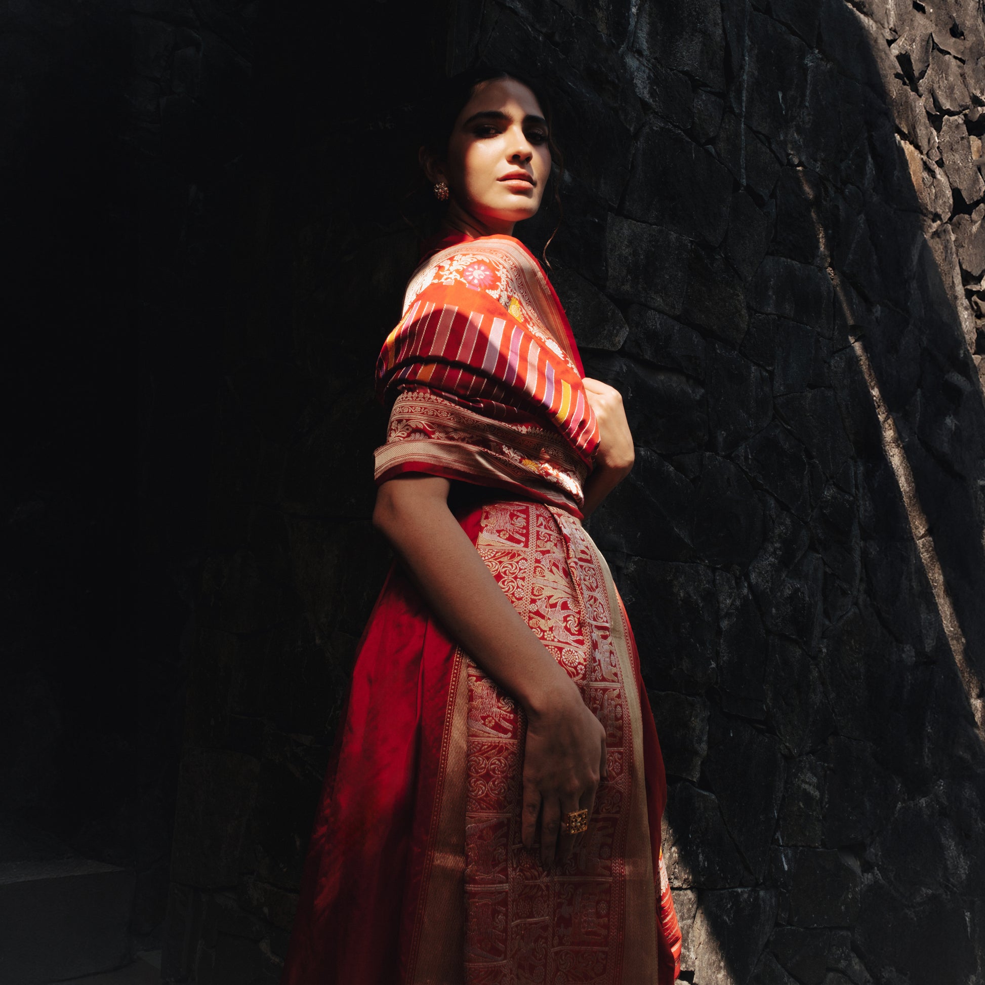 Ashwalekha Handwoven Banarasi Red Silk Saree view 3