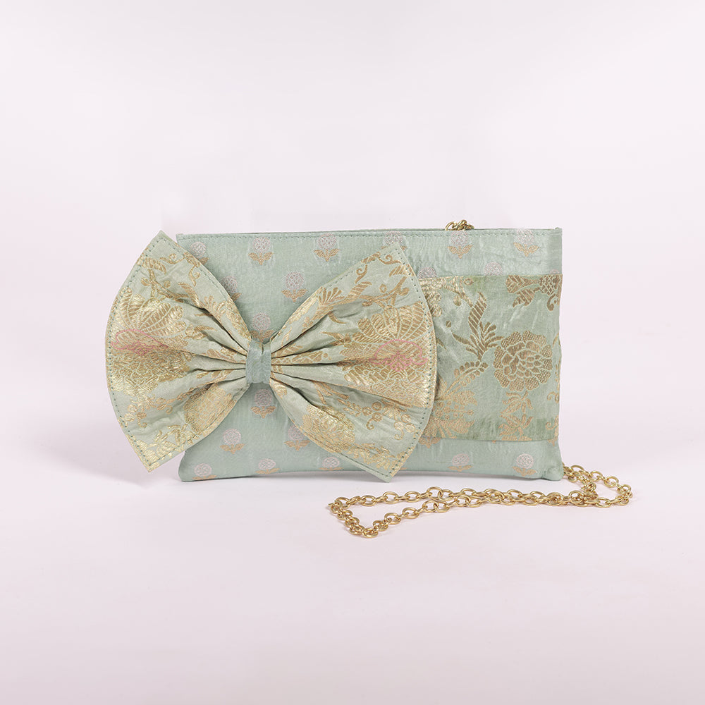 Button Daisy Aqua Blue Banarasi Handwoven Silk Bow Clutch – The